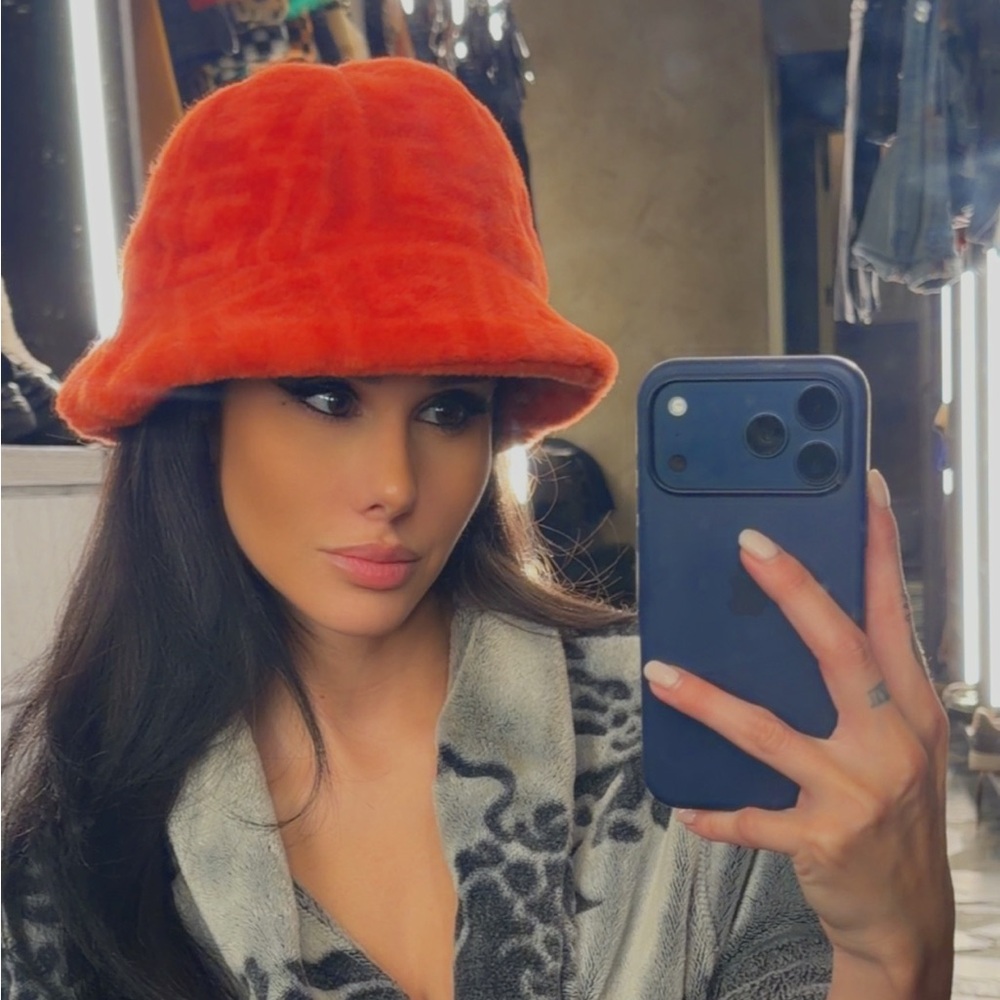 Fendi shearling bucket hat with a Zucca monogram pattern.Orange/Red Fuzzy - Picture 2 of 9